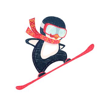 Penguin snowboarder at jump. Penguin cartoon illustration.