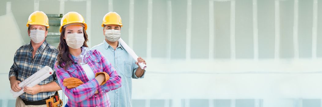 Female and Male Contractors In Hard Hats Wearing Medical Face Masks At Construction Site During Coronavirus Pandemic Banner.