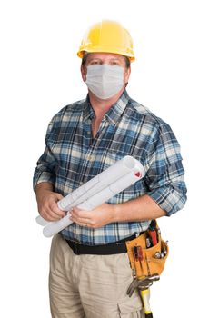 Male Contractor In Hard Hat Wearing Medical Face Mask During Coronavirus Pandemic Isolated on White.