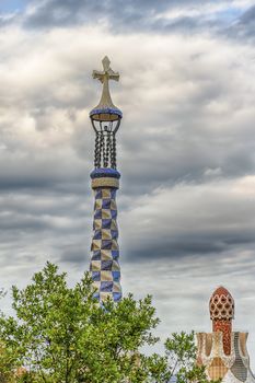 Modernist architecture at the entrance pavillions of Park Guell, Barcelona, Catalonia, Spain