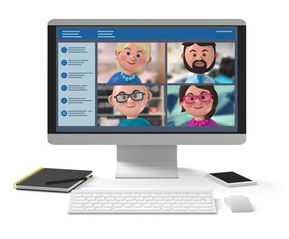 Happy members of remote business team meeting online on desktop application 3d character illustration