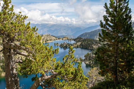 Nature and landscape at lake estany trullo in Spanish Pyrenees, neighbourhood of Espot and Aiguestortes i Estany de Sant Maurici National Park. Travel and Tourism in Spain.