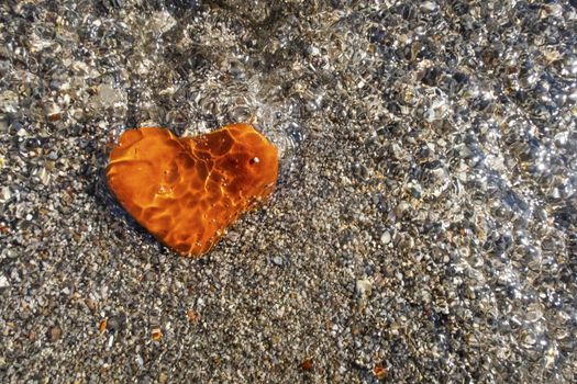 orange heart shaped stone at the beach