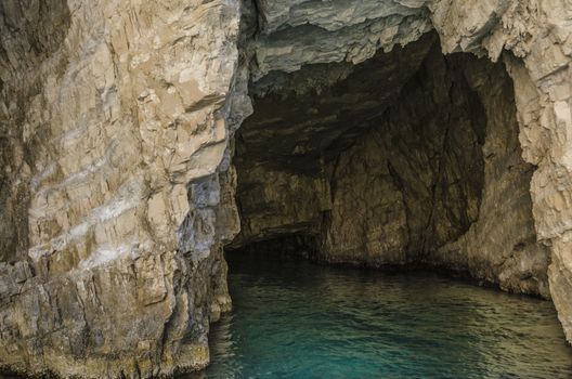 cave interior on the shores of zakynthos island in the ionic sea