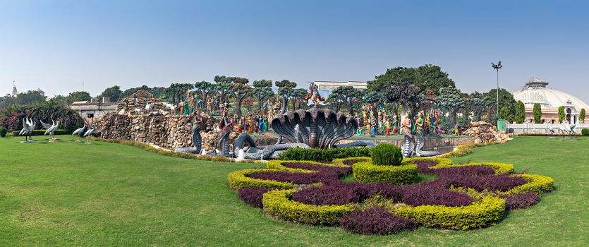 Colorful sculpture of 'Kalia Mardan' scene from ancient stories in Vrindavan, Mathura, Uttar Pradesh, India.