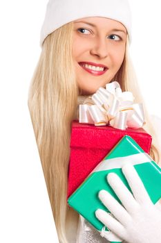 Young blonde girl with gift boxes in Christmas, woman and presents in winter season for shopping sale and holiday brands