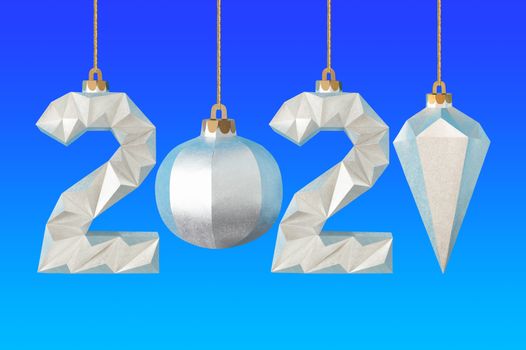 Silvery paper numbers and Christmas tree toys form number 2021 on blue gradient background. Paper art and craft. Handmade real paper objects. New Year celebration. Happy new year 2021 concept