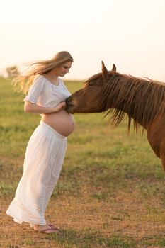 A pregnant girl in white communicates with a horse on a green meadow at sunset. Therapy and relaxation for pregnant women. Antistress therapy.