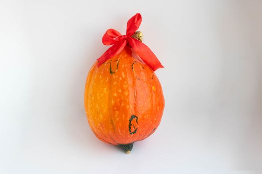 Funny pumpkin with a red bow on a white background. The concept of Halloween ,harvest,thanksgiving,vegetarianism.