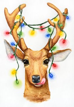 Christmas deer with a garland illustration. Watercolor drawing.