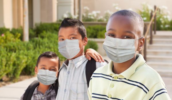 Young Students on School Campus Wearing Medical Face Mask During Coronavirus Pandemic.