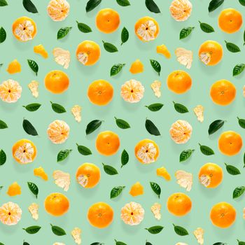 Mandarin seamless pattern, tangerine, clementine isolated on green background with green leaves. Collection of fine Mandarine seamless patterns.