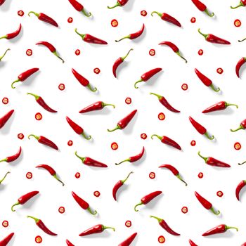 Red hot chilli seamless peppers pattern. Seamless pattern made of red chili or chilli on white background. Minimal food pattern. Food background.