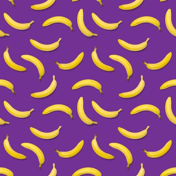 Bananas seamless pattern. pop art bananas pattern. Tropical abstract background with banana. Colorful fruit pattern of yellow banana on purple background, flat lay