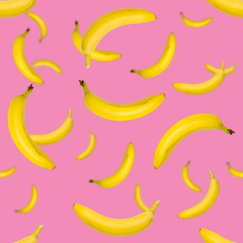 Bananas seamless pattern. pop art bananas pattern. Tropical abstract background with banana. Colorful fruit pattern of yellow banana on pink background, flat lay