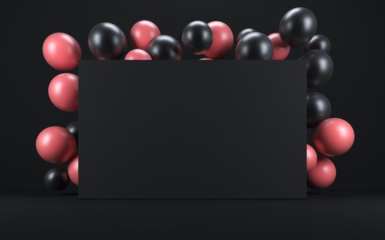 Pink and black balloon in a black interior around a black board. 3d render