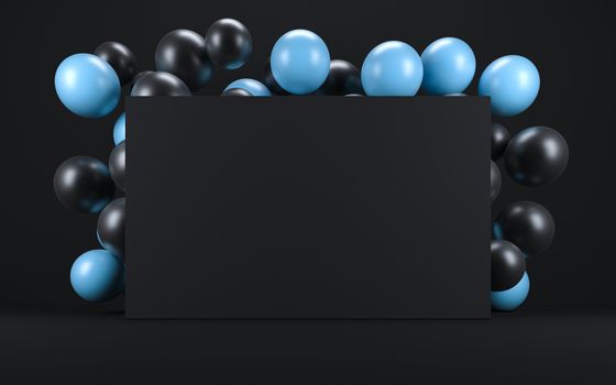 Blue and black balloon in a black interior around a black board. 3d render