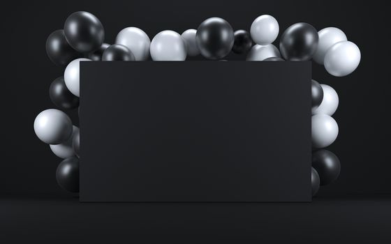 White and black balloon in a black interior around a black board. 3d render
