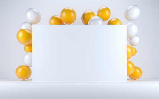 Yellow and white balloon in a white interior around a white board. 3d render