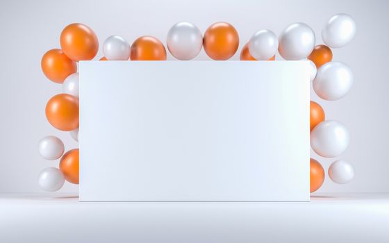Orange and white balloon in a white interior around a white board. 3d render