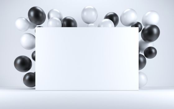 Black and white balloon in a white interior around a white board. 3d render