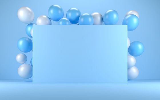 Blue and white balloon in a blue interior around a blue board. 3d render