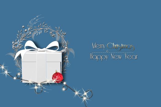 Christmas New Year 2021 background with gift box with bow, lights, silver wreath, red bauble on blue background in 3D render. Gold text Merry Christmas Happy New Year