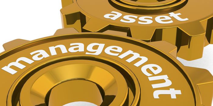 Asset management word on golden gears, 3d rendering