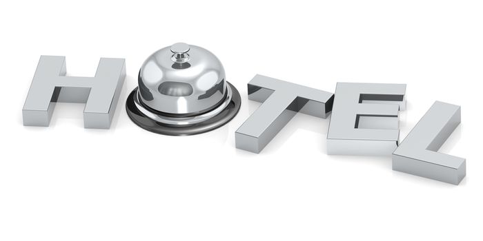 Hotel word with reception bell, 3D rendering