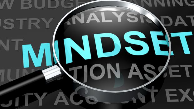 Magnifying glass with mindset word, 3d rendering