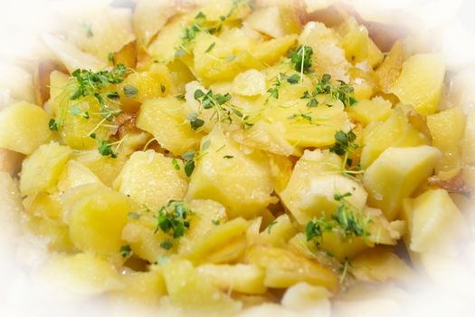 Potato gratin or potato kugel. A bake with cheese, basil and potatoes closeup view textured surface.