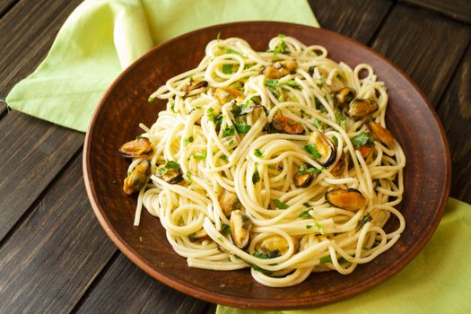 marinara spaghetti, pasta close up on brown wooden background