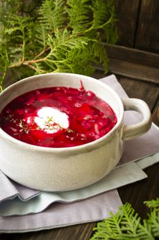 Russian national food red beet soup, borscht . Vertical