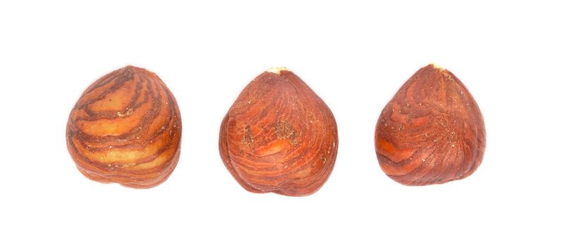 Some hazelnuts on a white background