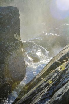 Flowing river water of the waterfall Rjukandefossen in Hemsedal, Viken, Norway.