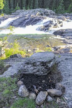 Flowing river water of the waterfall Rjukandefossen in Hemsedal, Viken, Norway.