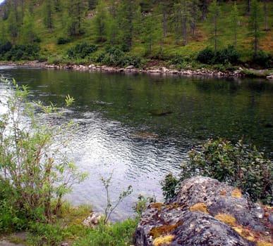 River in the taiga in northern Russia. The nature of the taiga in a mountainous area.