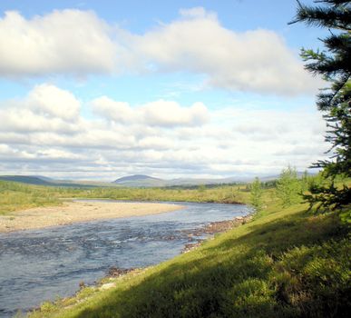 River in the taiga in northern Russia. The nature of the taiga in a mountainous area.