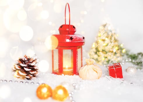 Christmas background with Christmas tree, red lantern, and decorations