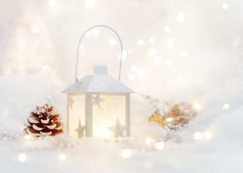 Christmas background with Christmas tree, white lantern, and decorations
