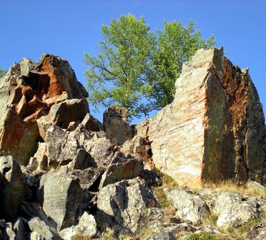 Rocks in the taiga in the Russian north. Exit to the surface of granites and basalts.