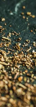 Provencal spices mix closeup on luxury stone background as flat lay, dry food spices and recipe ingredients