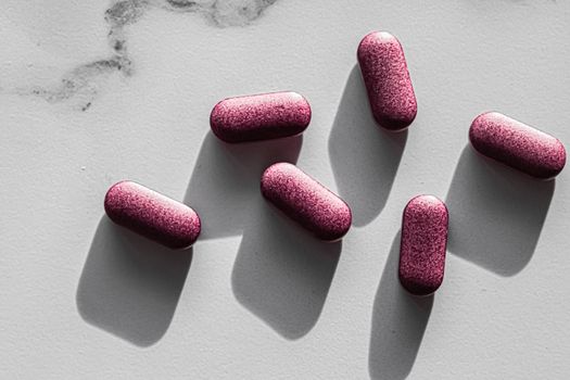 Pink pills as herbal medication, pharma brand store, probiotic drugs as nutrition healthcare or diet supplement products for pharmaceutical industry ads