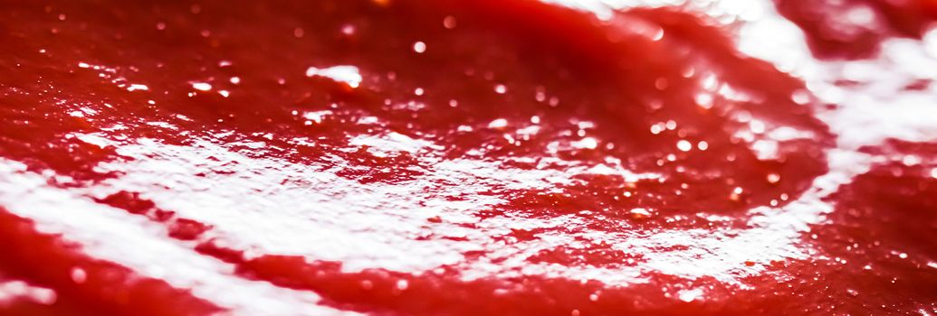 Organic ketchup, tomato sauce closeup, food background and homemade recipes