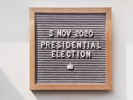 Announcement of USA Presidential Election at 3rd November 2020. Call to go to the vote. Top view on letter board on white background.