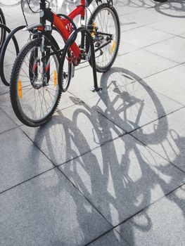 Bicycles with shiny chrome parts are parked in the parking lot. Healthy and ecological vehicle for moving around the city. Environmentally friendly vehicle.