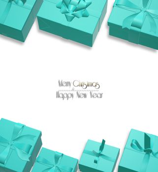 Holiday Christmas background with border of turquoise blue gift boxes on white background, Text Merry Christmas Happy New Year, 3D illustration