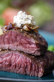 grilled steak with roasted onions