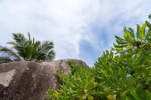 Blue sky with some clouds and big stones in front