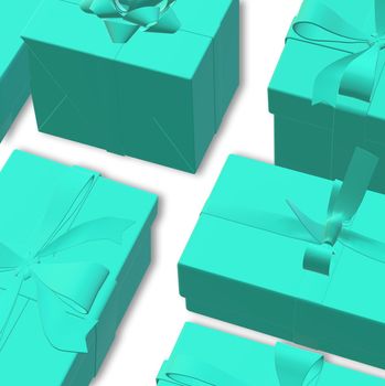 Turquoise blue gift boxes in 3D render. Realistic gift boxes with bow over white. Design for greetings. Christmas festive background